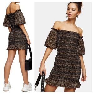 Topshop Leopard Print Off Shoulder Puff Sleeve Smocked Mini Dress sz US2/EK 6